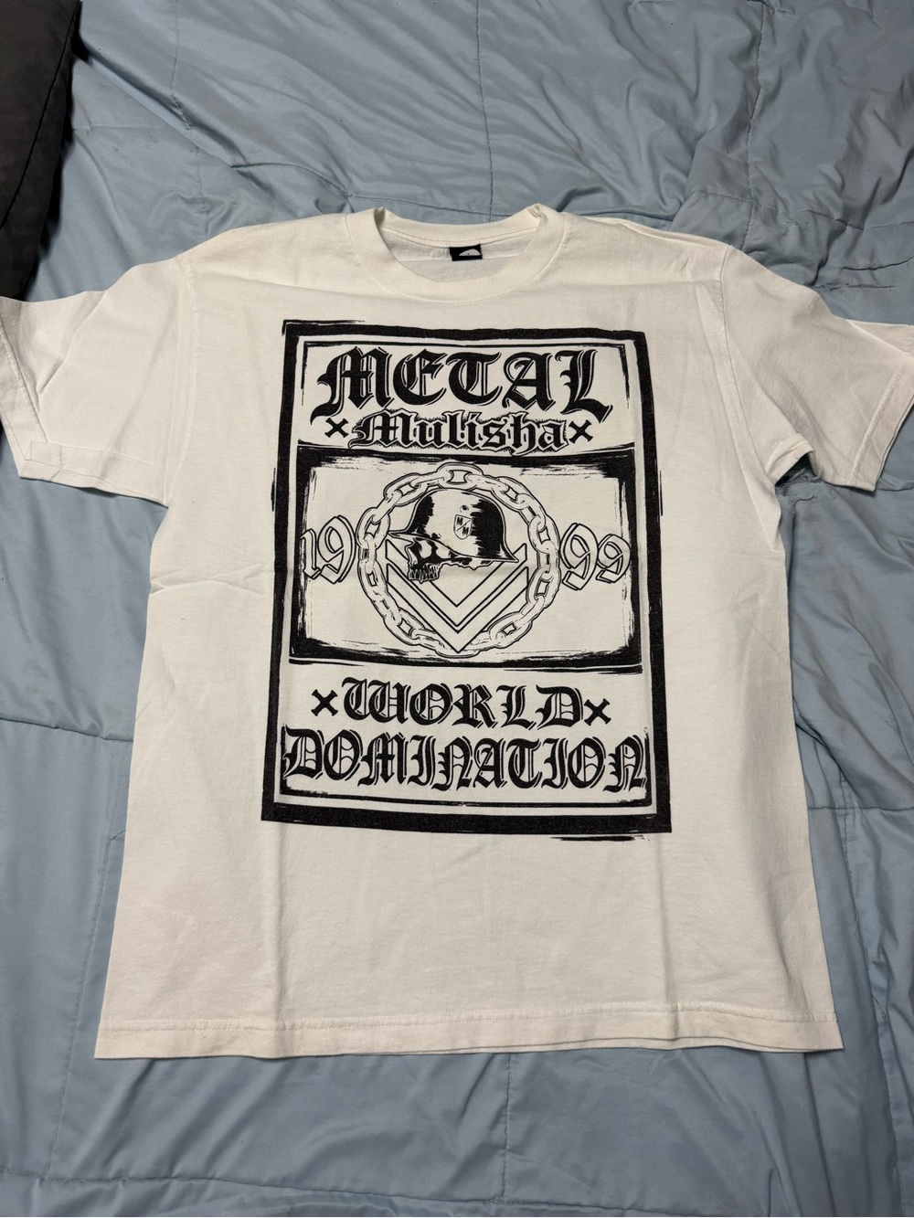 Metal Mulisha White Tee with Black 'World Domination' Graphic